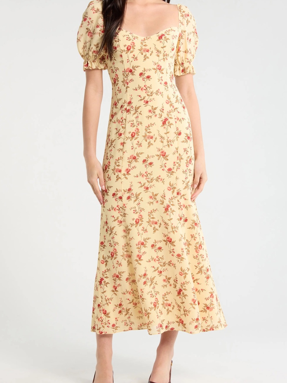 Reformation Gloria Floral Puff-Sleeve Midi Dress - Yellow with Red Floral